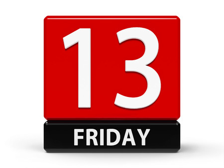 Red and black calendar icon from cubes - 13th Friday - on a white table, three-dimensional...