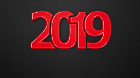 Red 2019 symbol on black background, represents the new year 2019, three-dimensional rendering, 3D illustrationの写真素材