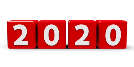 Red cubes with number - 2020 - on a white table, three-dimensional rendering, 3D illustration