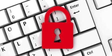 Lock icon on the computer keyboard background, three-dimensional rendering, 3D illustration