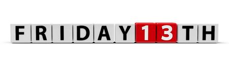 White and red cubes with words - Friday 13th - on a white table, three-dimensional rendering, 3D illustrationの写真素材