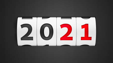 Design component of a counter dial that is showing the year 2021, three-dimensional rendering, 3D illustrationの写真素材