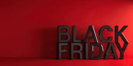 Black words Black Friday on red background, three-dimensional rendering, 3D illustrationの写真素材