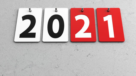 Plates 2021 on grey wall, represents the new year 2021, three-dimensional rendering, 3D illustrationの写真素材