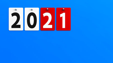 Plates 2021 on blue wall, represents the new year 2021, three-dimensional rendering, 3D illustrationの写真素材