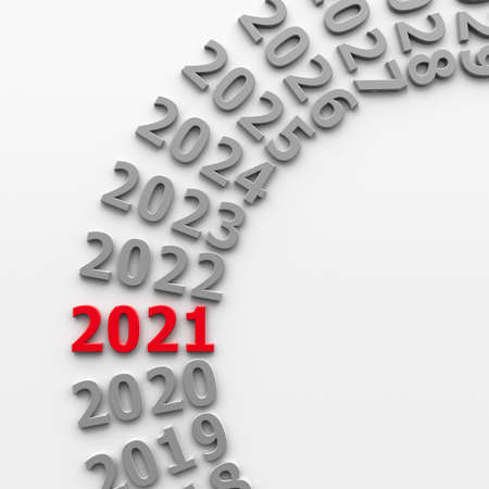2021 future in the circle represents the new year 2021, three-dimensional rendering, 3D illustrationの写真素材