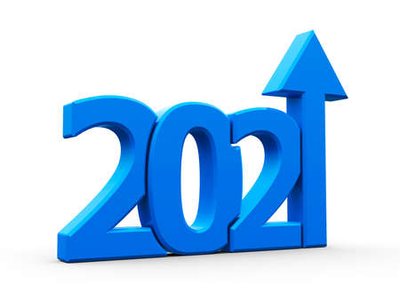 Blue 2021 with arrow up isolated on white background, represents growth in the new year 2021, three-dimensional rendering, 3D illustrationの写真素材