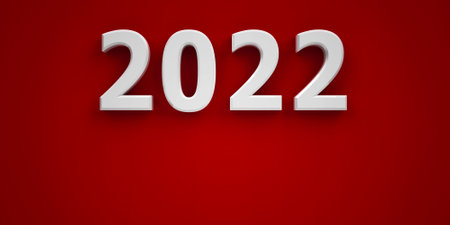 White number 2022 on red background represents new year 2022, three-dimensional rendering, 3D illustrationの写真素材