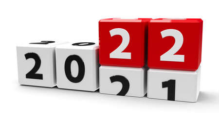 White cubes with 2021-2022 change on a white table represents the new 2022 year, three-dimensional rendering, 3D illustrationの写真素材