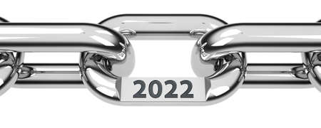 Chain with link with text - 2022 - represents the new year 2022, three-dimensional rendering, 3D illustrationの写真素材