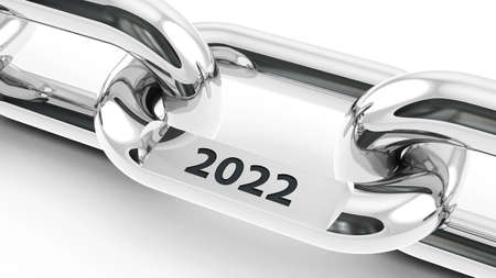 Chain with link with text - 2022 - represents the new year 2022, three-dimensional rendering, 3D illustrationの写真素材