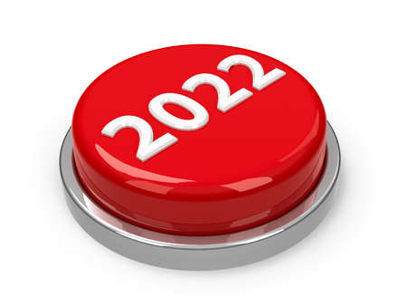 Red 2022 button isolated on white background represents new year 2022, three-dimensional rendering, 3D illustrationの写真素材
