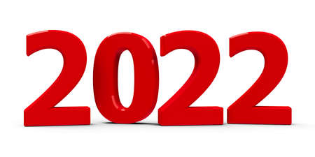 Red 2022 symbol, icon or button isolated on white background, represents the new year 2022, three-dimensional rendering, 3D illustrationの写真素材