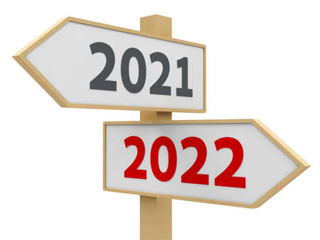Road sign with 2021-2022 change on white background represents the new 2022 year, three-dimensional rendering, 3D illustrationの写真素材