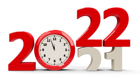 2021-2022 change with clock dial represents coming new year 2022, three-dimensional rendering, 3D illustrationの写真素材