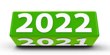 Green cube (cuboid) with 2022-2021 change on a white table represents the new 2022, three-dimensional rendering, 3D illustrationの写真素材