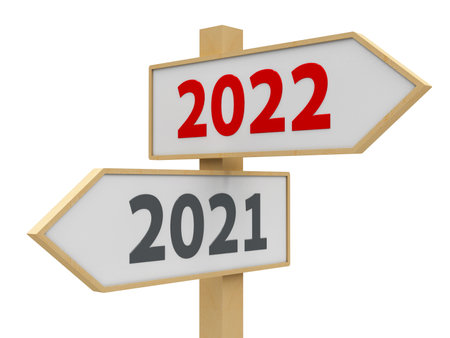 Road sign with 2021-2022 change on white background represents the new 2022, three-dimensional rendering, 3D illustrationの写真素材