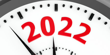 Black clock with 2022 represents coming new year 2022, three-dimensional rendering, 3D illustrationの写真素材