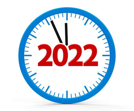 Modern isolated clock on white background represents new year 2022, three-dimensional rendering, 3D illustrationの写真素材