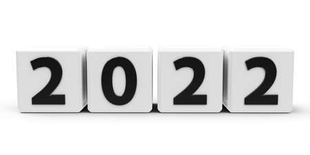 White cubes with number 2022 represent the new 2022 year, on a white table, three-dimensional rendering, 3D illustrationの写真素材