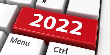 Computer keyboard with 2022 key represents new 2022 year, three-dimensional rendering, 3D illustrationの写真素材