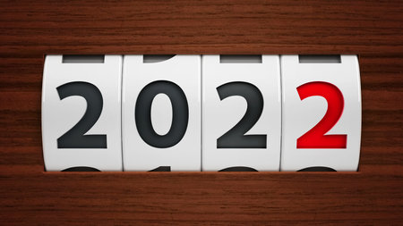 Design component of a counter dial that is showing the year 2022, three-dimensional rendering, 3D illustrationの写真素材