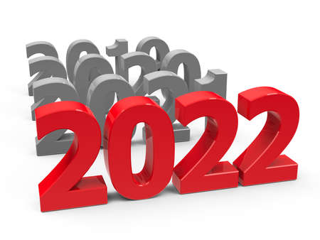 2022 come on a white table represents the new year 2022, three-dimensional rendering, 3D illustrationの写真素材