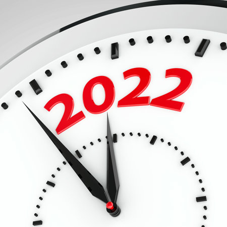 Black clock with 2022 represents coming new year 2022, three-dimensional rendering, 3D illustrationの写真素材