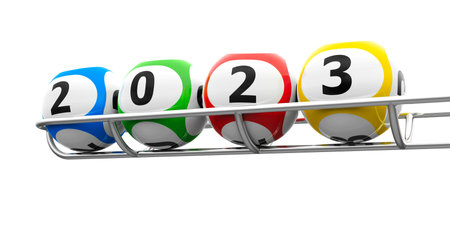 Lottery balls on a metal basis represents the new 2023, three-dimensional rendering, 3D illustrationの写真素材