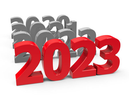 2023 come on a white table represents the new year 2023, three-dimensional rendering, 3D illustrationの写真素材