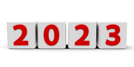 White cubes with red number - 2023 - on a white table, three-dimensional rendering, 3D illustrationの写真素材
