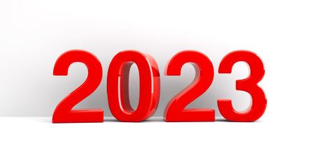 Red 2023 symbol, icon or button on white wall, represents the new year 2023, three-dimensional rendering, 3D illustrationの写真素材
