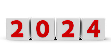 White cubes with red number - 2024 - on a white table, three-dimensional rendering, 3D illustrationの写真素材