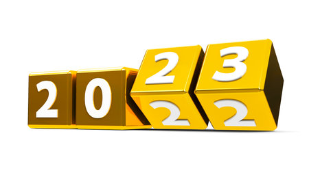 Golden cubes with 2022-2023 change on a white table represents the new 2023, three-dimensional rendering, 3D illustrationの写真素材
