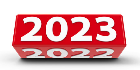 Red cube (cuboid) with 2023-2022 change on a white table represents the new 2023, three-dimensional rendering, 3D illustrationの写真素材