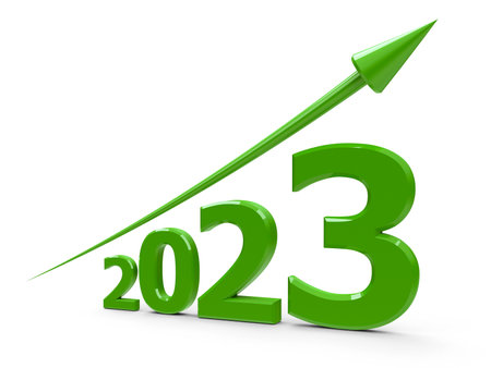Green arrow up represents the growth in 2023 year, three-dimensional rendering, 3D illustrationの写真素材