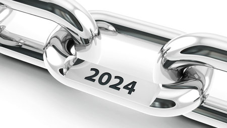 Chain with link with text - 2024 - represents the new year 2024, three-dimensional rendering, 3D illustrationの写真素材