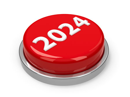 Red 2024 button isolated on white background represents new year 2024, three-dimensional rendering, 3D illustrationの写真素材