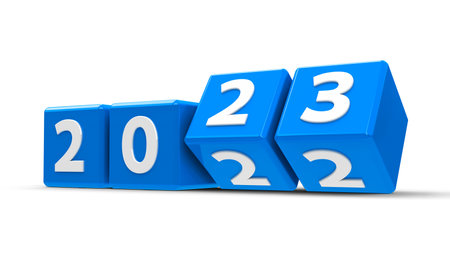 Blue cubes with 2022-2023 change on a white table represents the new 2023, three-dimensional rendering, 3D illustrationの写真素材