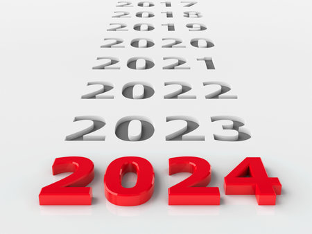 Red number 2024 on gray background with numbers represents the new year 2024, three-dimensional rendering, 3D illustrationの写真素材