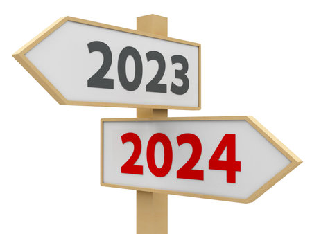 Road sign with 2023-2024 change on white background represents the new 2024 year, three-dimensional rendering, 3D illustrationの写真素材