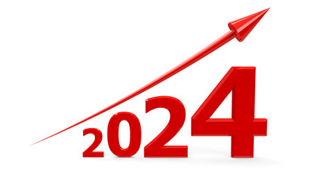 Red arrow up represents the growth in 2024 year, three-dimensional rendering, 3D illustrationの写真素材