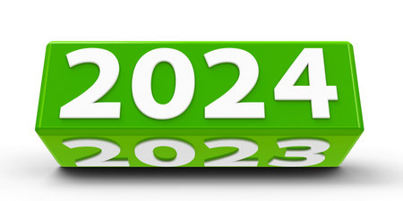 Green cube (cuboid) with 2024-2023 change on a white table represents the new 2024, three-dimensional rendering, 3D illustrationの写真素材