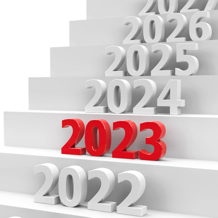 2023 future on podium represents the new year 2023, three-dimensional rendering, 3D illustrationの写真素材