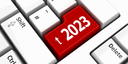 Computer keyboard with 2023 enter key, three-dimensional rendering, 3D illustrationの写真素材