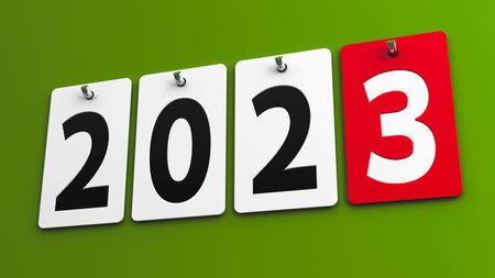Plates 2023 on the green wall, represents the new year 2023, three-dimensional rendering, 3D illustrationの写真素材