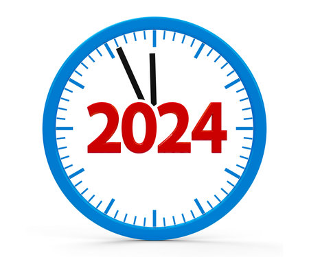 Modern isolated clock on white background represents new year 2024, three-dimensional rendering, 3D illustrationの写真素材
