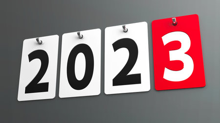 Plates 2023 on gray wall, represents the new year 2023, three-dimensional rendering, 3D illustrationの写真素材