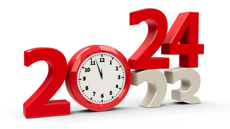 2023-2024 change with clock dial represents coming new year 2024, three-dimensional rendering, 3D illustrationの写真素材