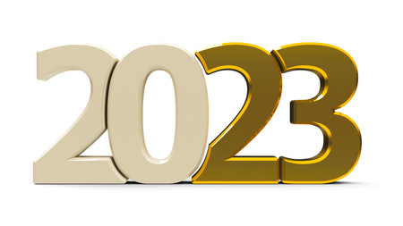 Gold 2023 symbol, icon or button isolated on white background, represents the new year 2023, three-dimensional rendering, 3D illustrationの写真素材